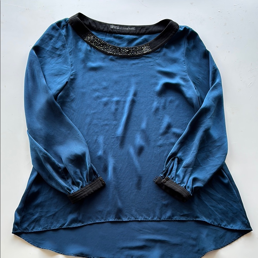 Zara Blue Asymmetrical Embellished Blouse
